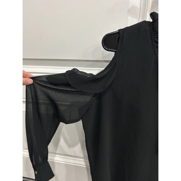Calvin Klein Womens Black Ruffled Cold Shoulder Blouse With Tie Neck Size Small - Picture 4 of 11